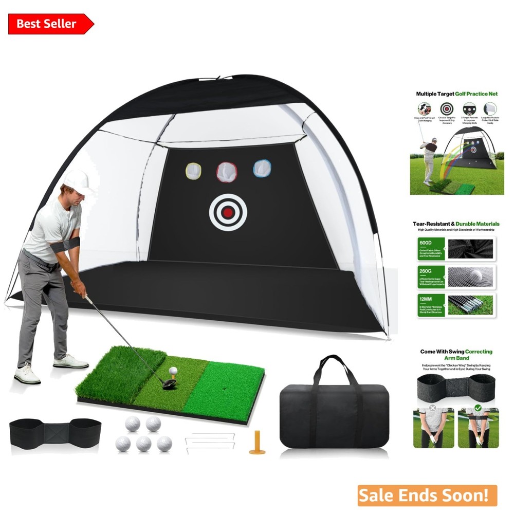 All-in-One 10x7ft Golf Training Net - Includes Mat & 5 Golf Balls for Practice