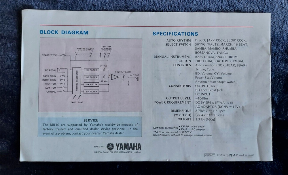 Yamaha MR10 Drum Machine Owner's Manual