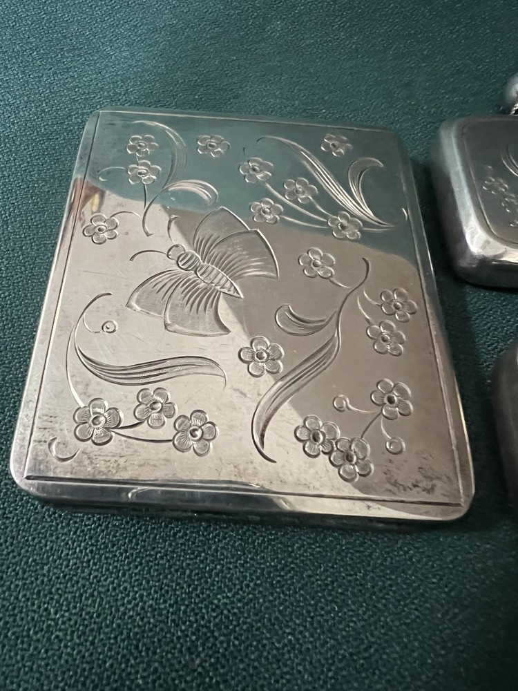 FABULOUS 835 SILVER 4 PIECE ETCHED CIGARETTE CASE COMPACT PERFUME PILL BOX SET