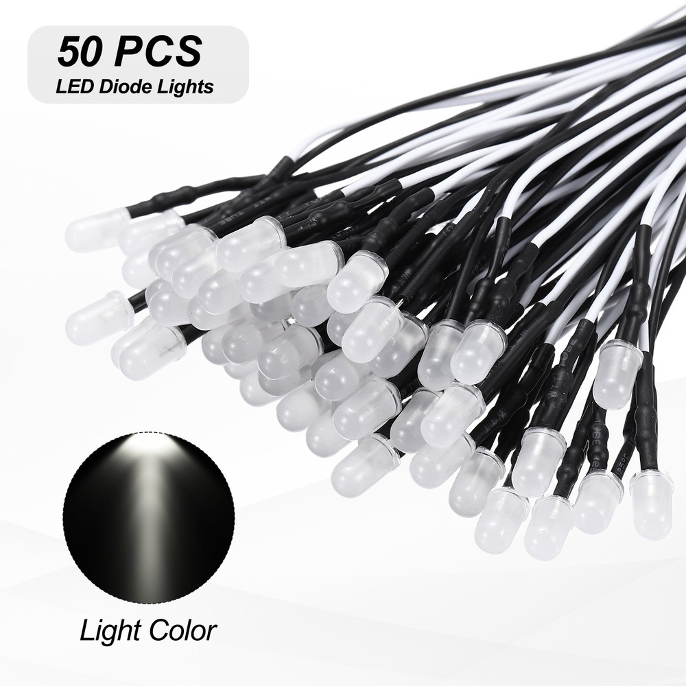 50pcs 5mm LED Diode Lights, Single Flash White Light DC 12V for Electronics