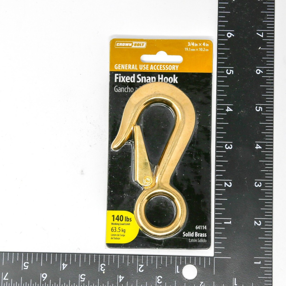 CrownBolt 64114 Fixed Snap Hook, 4in, Solid Brass, 3/4in Eye, 140lbs Capacity