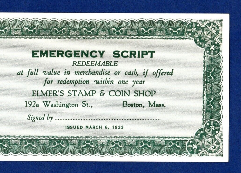 "Depression SCRIP" (BOSTON) 1933 50 CENT "MASSACHUSETTS" EMERGENCY SCRIPT (ONE)