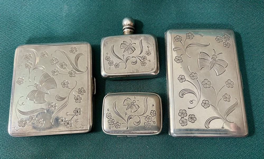 FABULOUS 835 SILVER 4 PIECE ETCHED CIGARETTE CASE COMPACT PERFUME PILL BOX SET