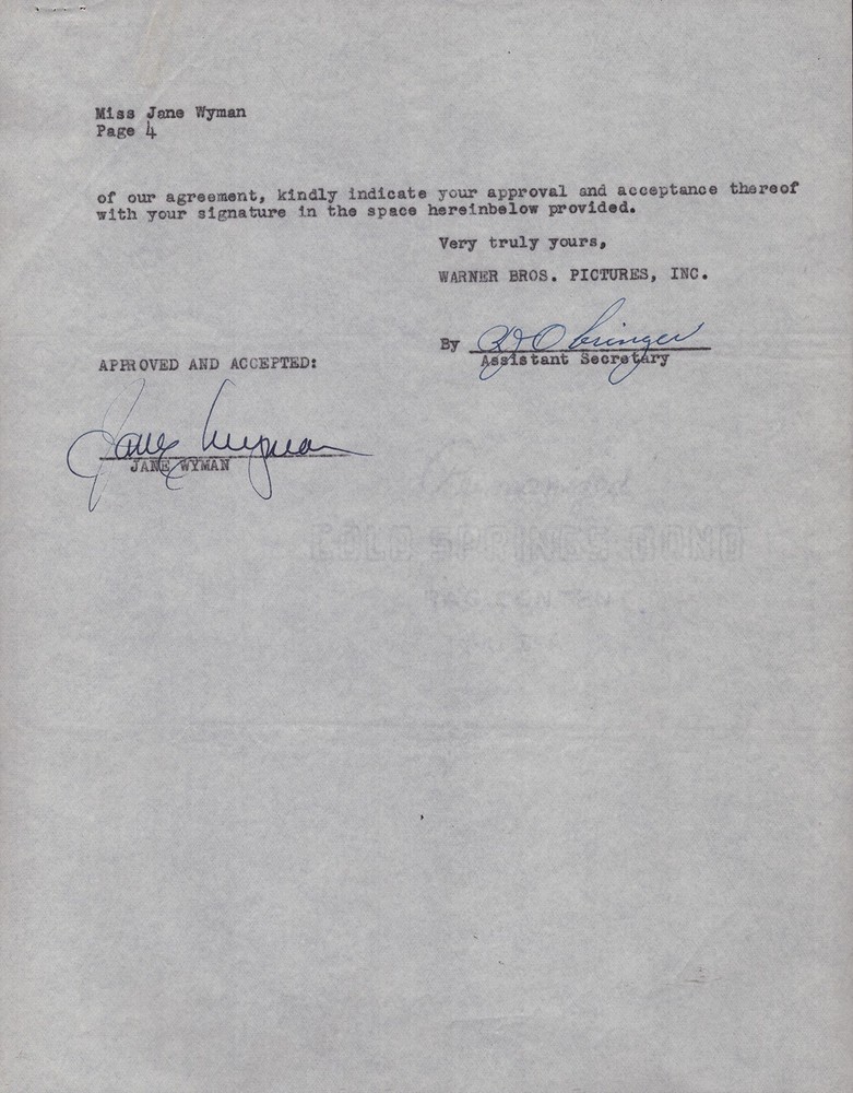 JANE WYMAN - DOCUMENT SIGNED 01/31/1952