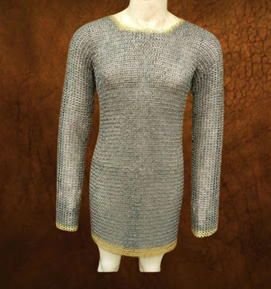 Medieval Chainmail Shirt 9mm Flat Riveted | Brass Washer Rows | Black (M)