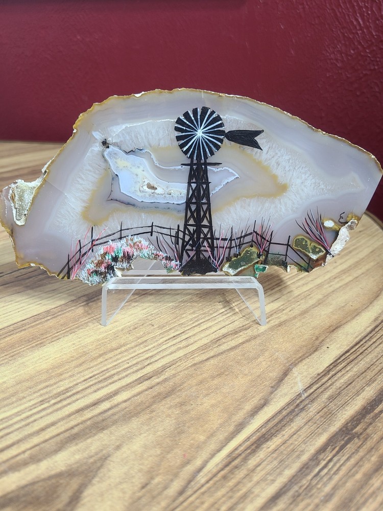 Agate Slice Decor with Painted Windmill Scene and Display Stand
