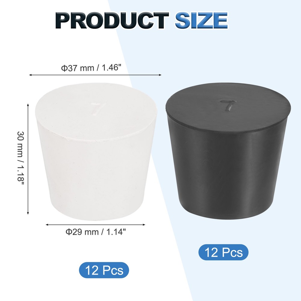 24 Pcs Solid Rubber Stopper Size 7#-37mm x 29mm - 30mm Long, Black/White
