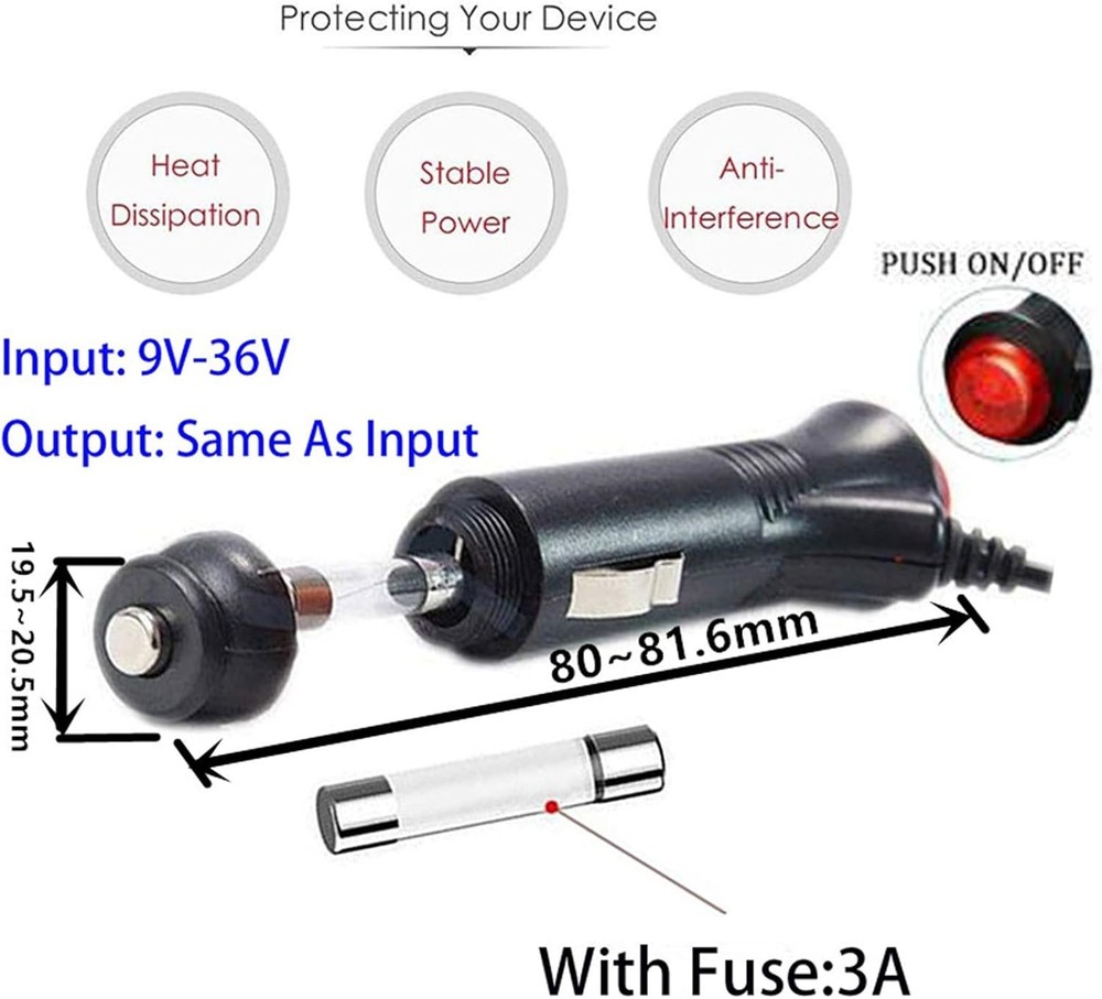 Multi-Device 9.84FT Car Cigarette Lighter Adapter - 12/24V with Safety Features