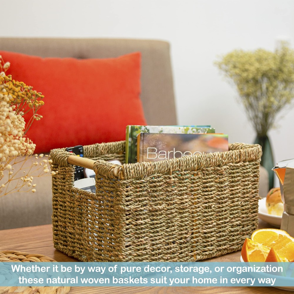 Natural Seagrass Basket With Wooden Handle Medium Rectuangular Wicker Basket For