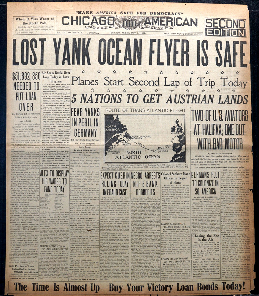 1919 Chicago Front Page - Missing Trans-Atlantic Flight Plane NC-4 Found Safe