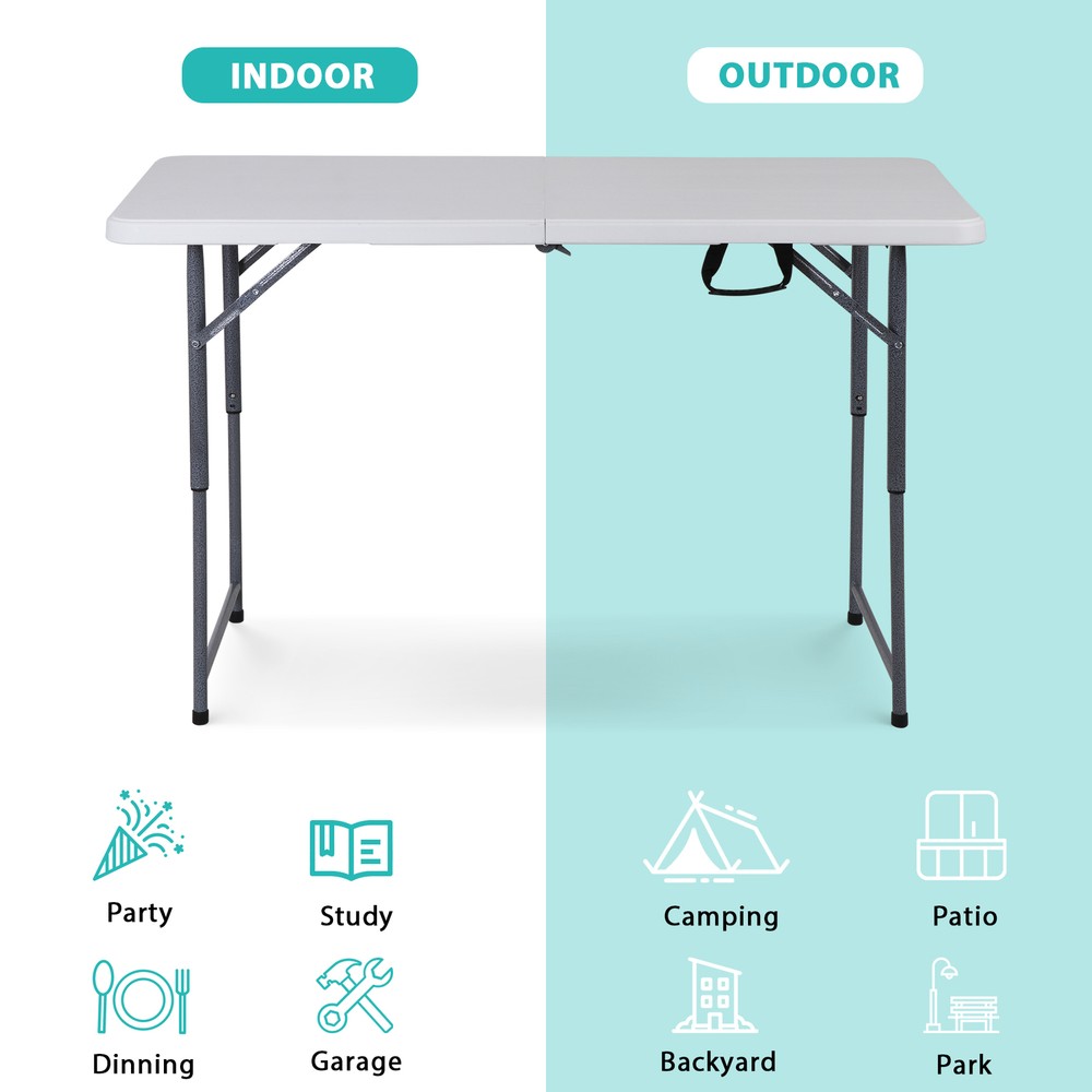 Folding Table 4 FT Portable Fold-in-Half Adjustable Plastic Camping Table White