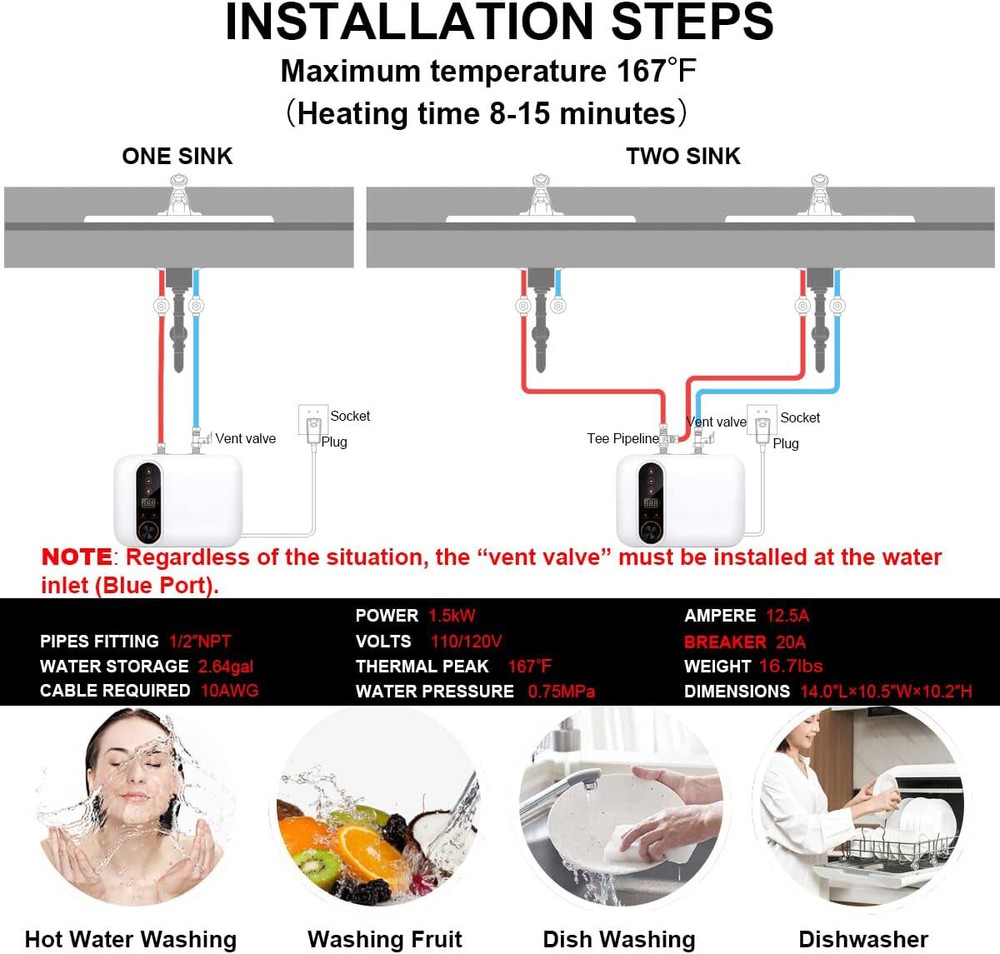 New 10L Instant Electric Hot Water Heater/Boiler 110V Compact Mini-Tank Storage