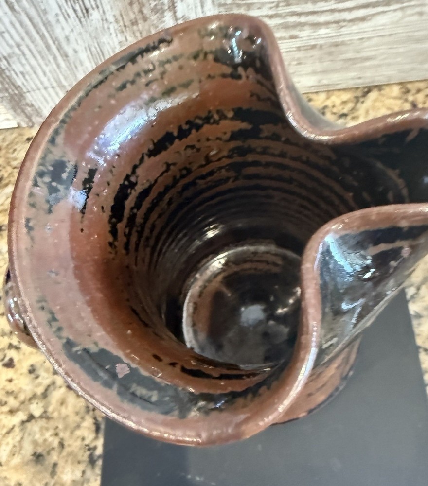 Handmade Pottery Pitcher, Brown/Rust Glaze, Knob Handle, Signed Rustic