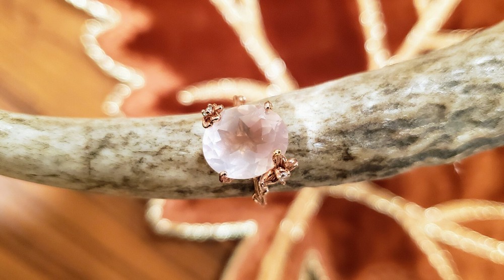 Unique Handcrafted Pink Moonstone Ring with Tiny Diamonds