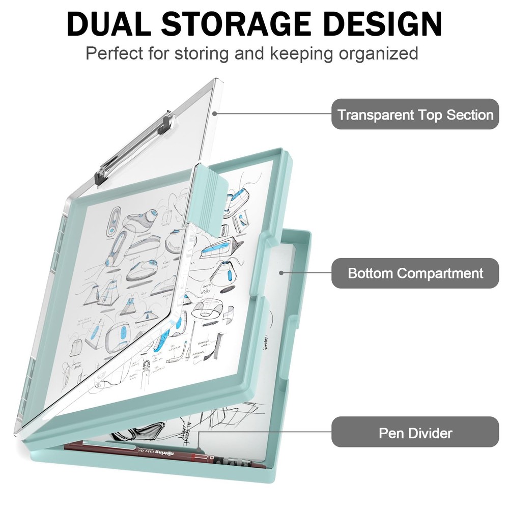 Plastic Clipboard with Storage Side Opening 2 Compartments Dark Green