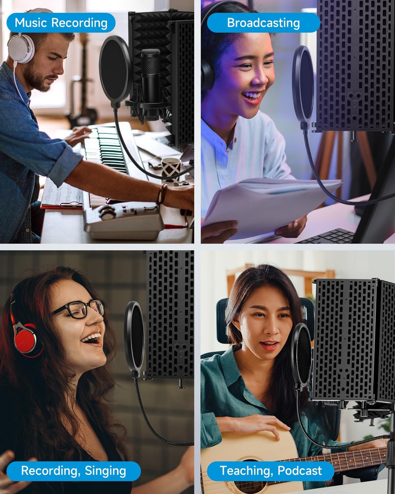 Microphone Isolation Shield with Pop Filter & Tripod Stand, Foldable Mic Shield