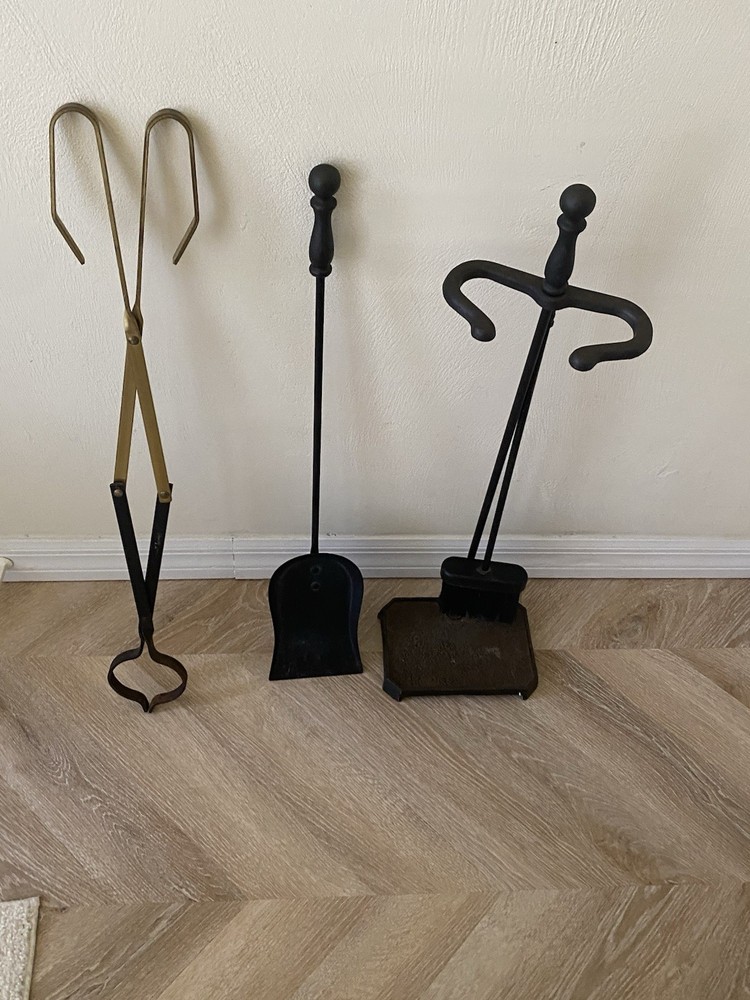 Fireplace Tools Vintage 3 Pc Iron Brass Accent & Stand Decor Unique