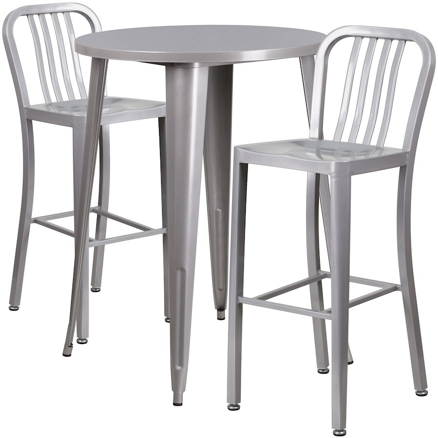 Flash Commercial 30" Round Silver Metal Bar Table Set & 2 Vertical Slat Stools