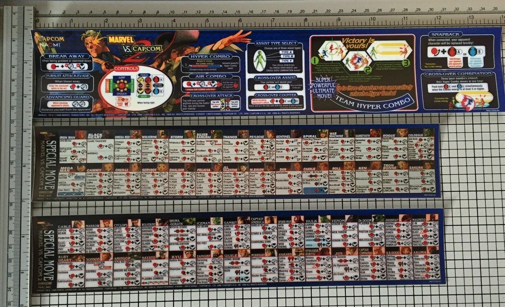 Marvel vs Capcom 2 Arcade Marquee 26"x8" and Instruction/Moves Vinyl Sheets