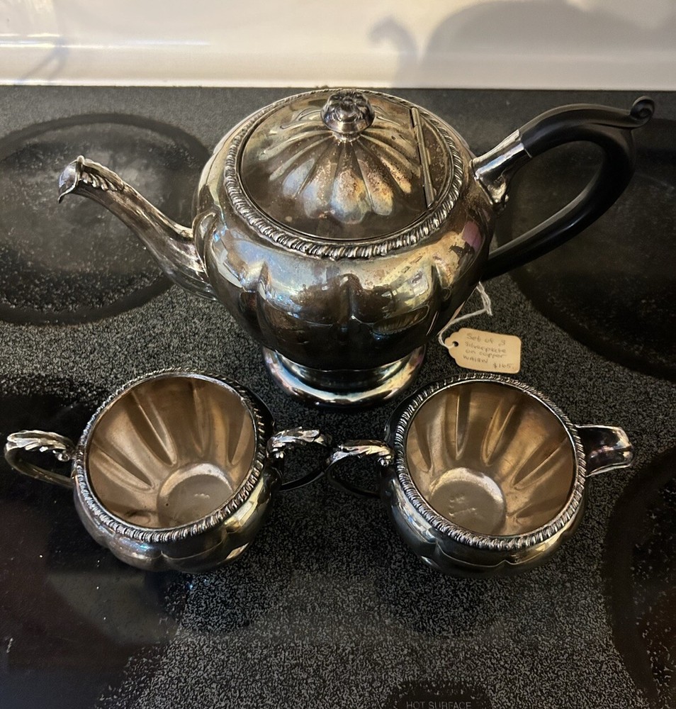 3 PC Tea Set.Boronet Plate E.P Copper. Silver plate On Copper