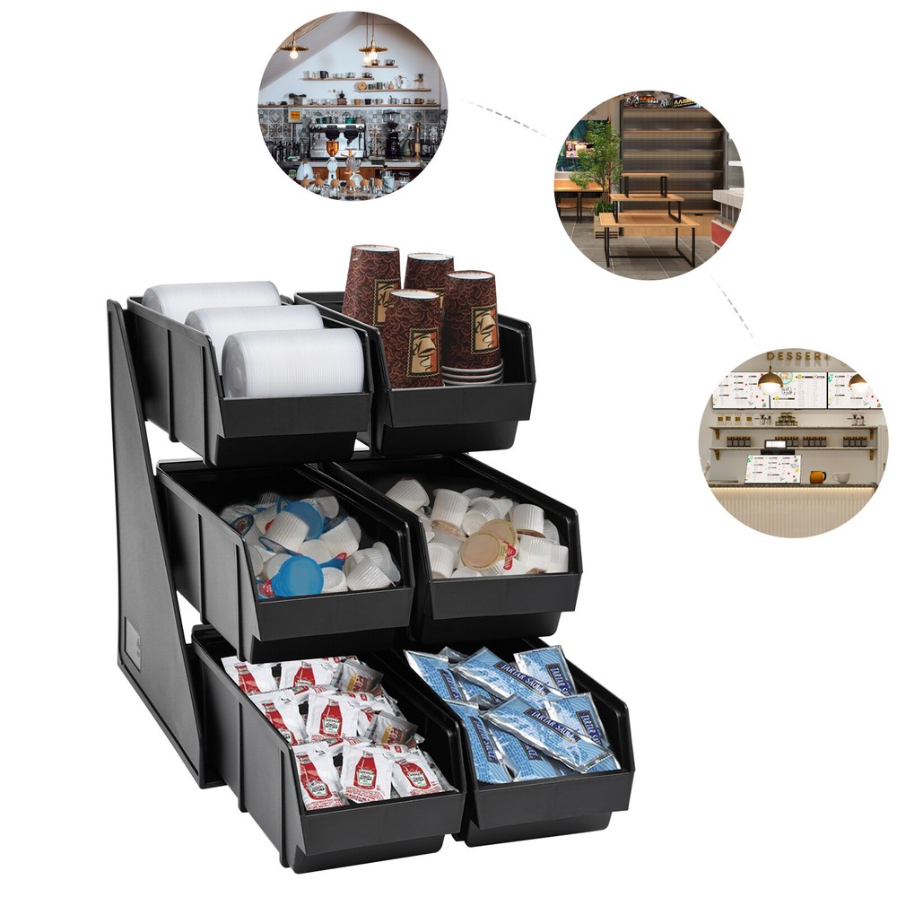 6 Compartments Upright Breakroom Coffee Condiment Storage Organizer Bin 3-Tier
