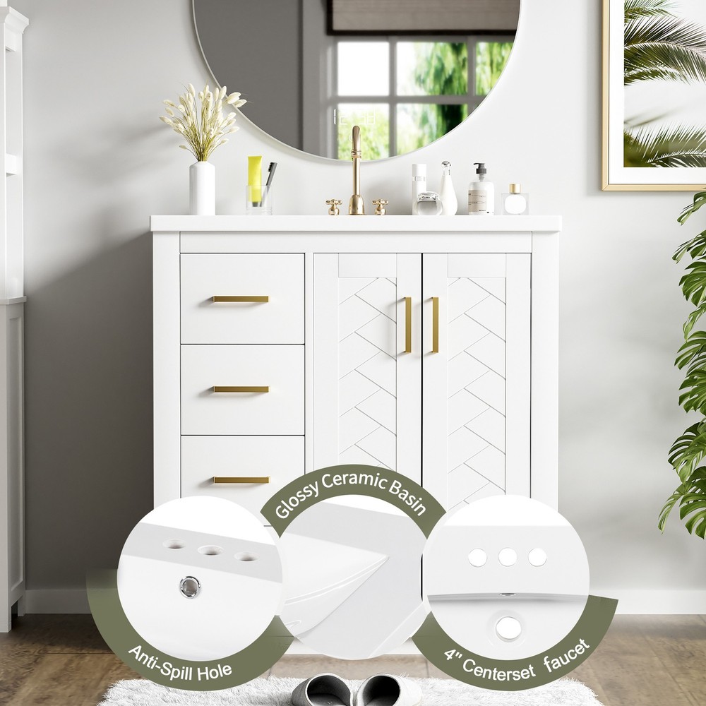 30'' Bathroom Vanity with Ceramic Sink Combo,Solid Wood Frame Bathroom Cabinet