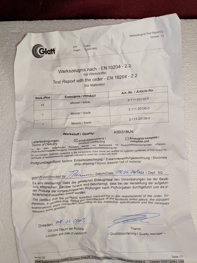 Glatt 2-111-20133-0 Crusher Messer Blade