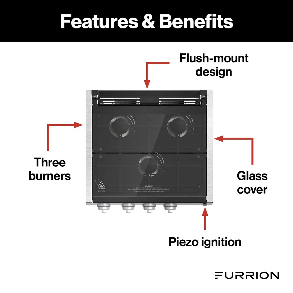 *FURRION 2021123926 SLIDE-IN 3 BURNER GAS RV COOKTOP GLASS COVER 20" BLACK