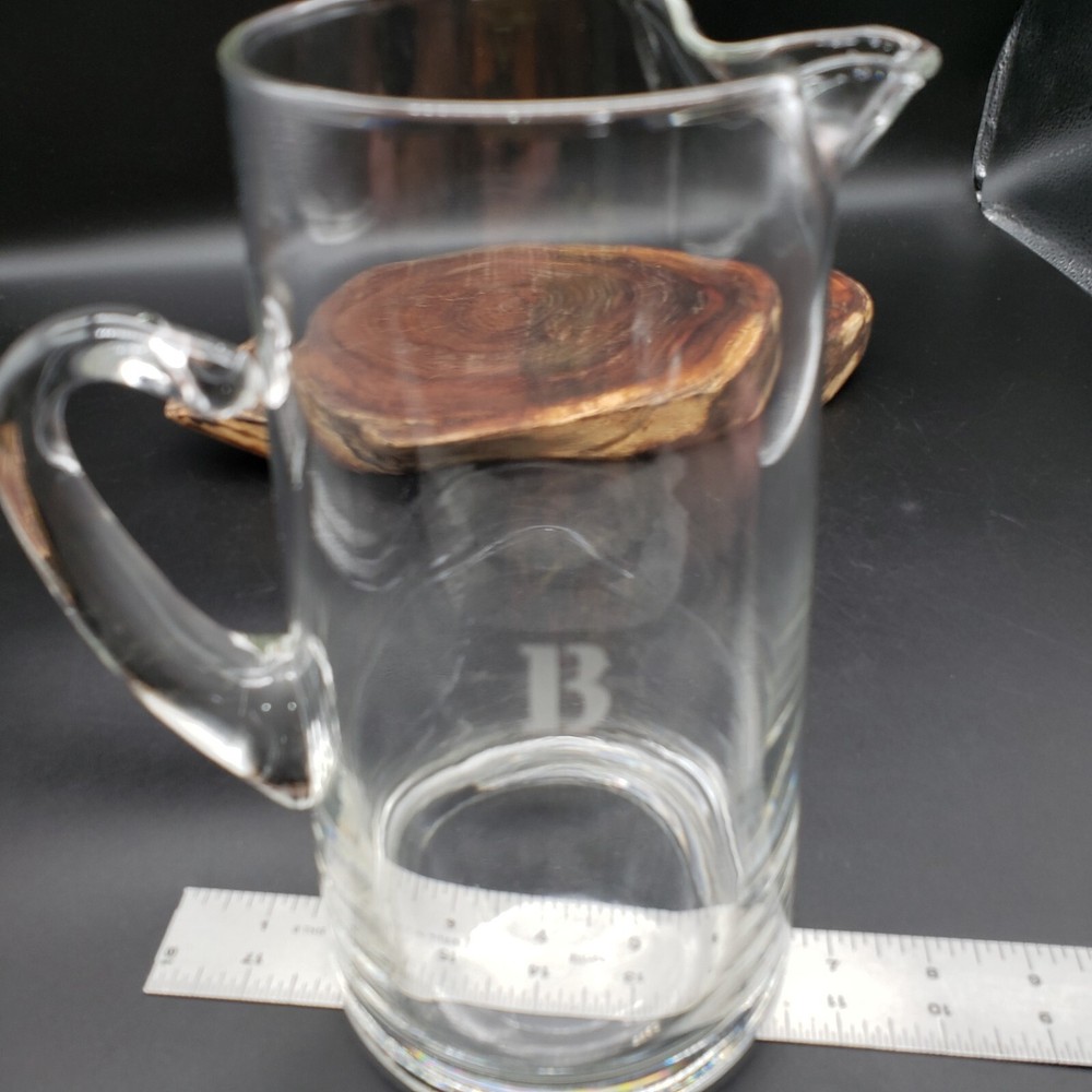 Monogram B Clear Glass Pitcher 9" 56 oz Hand Blown Style Applied Handle Barware
