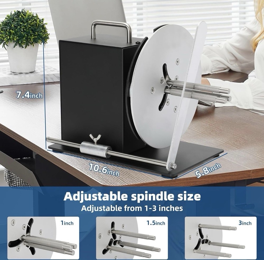 Adjustable spindle size Adjustable from 1-3 inches Core Holder Label width 4.72