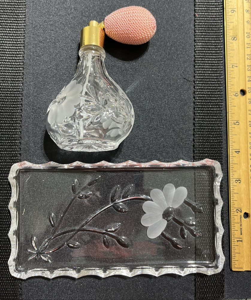 Crystal Perfume Atomizer With Matching Tray, New, Heavy, cut