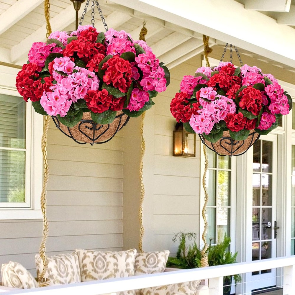 2 Set Artificial Geraniums for Outdoors with Hanging Baskets, 12 Bundles UV R...