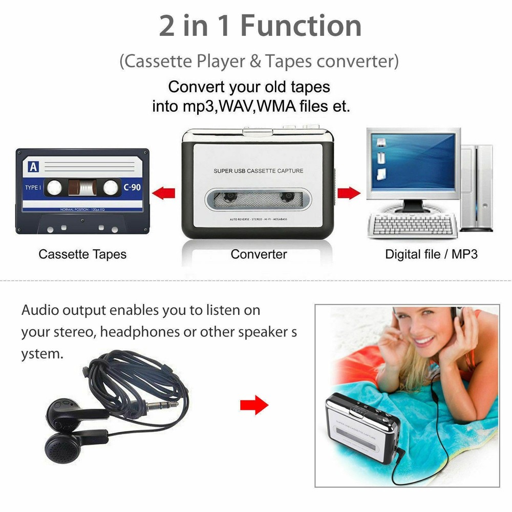 Portable USB Cassette to MP3 Converter No Software Needed Plug & Play for PC