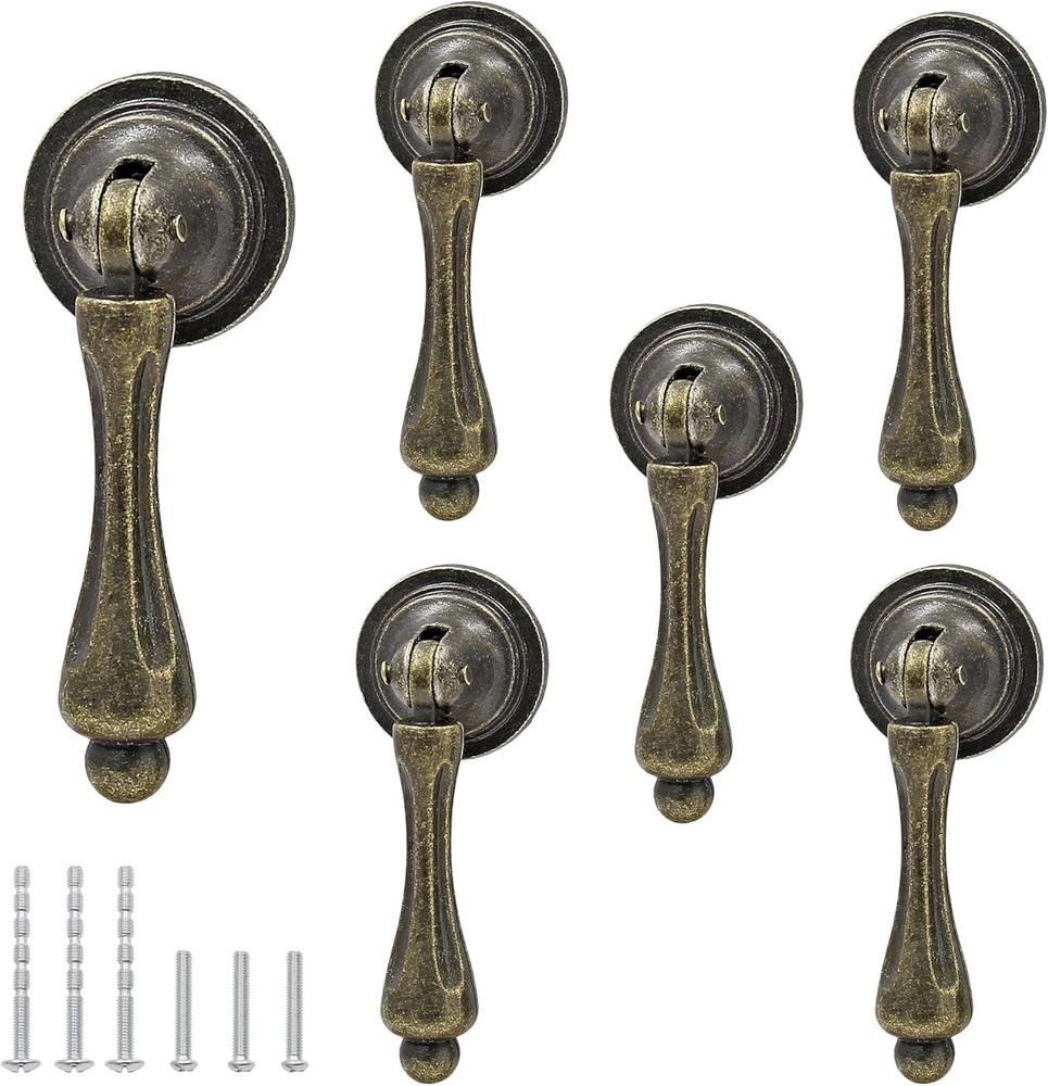 6Pcs Antique Bronze Tear Drop Pulls, Vintage Cabinet Decorative Pull Handle Knob