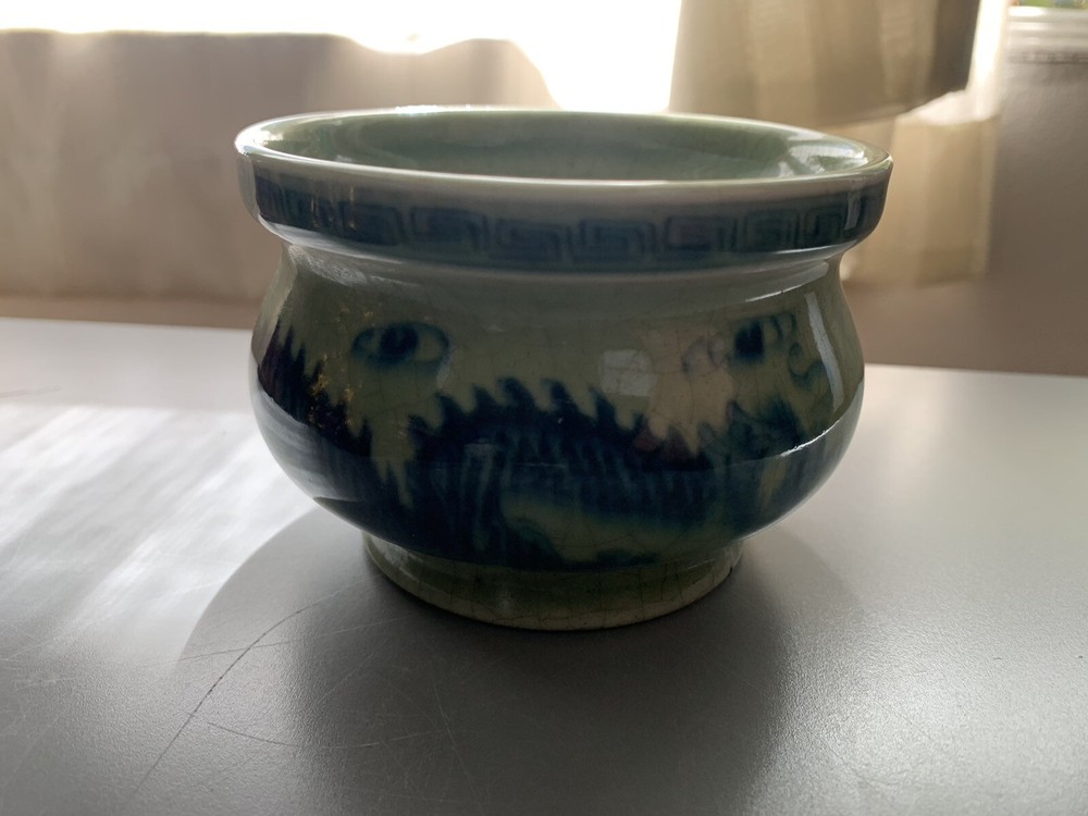 Old Porcelain Incense Burner With Dragon Vintage