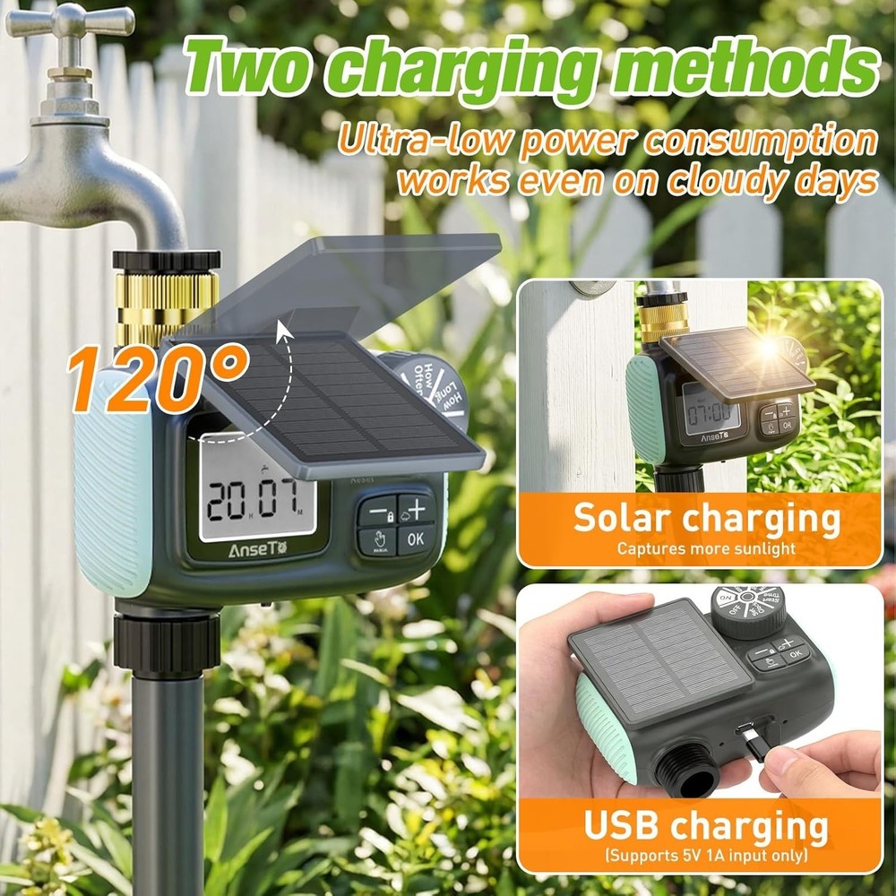 Solar Sprinkler Timer, Solar & Type-C Rechargeable Water Timer for Garden Hose