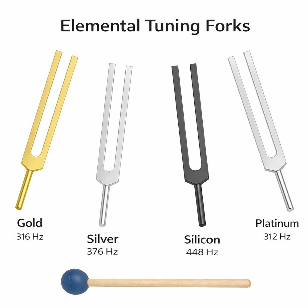 ✨ 4 Pc Elemental Professional Tuning Fork Set – Gold, Silver, Silicon & Platinum