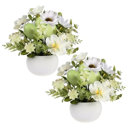 2 PCS Easter Decorations, Easter Artificial Egg Flower Potted Table Green