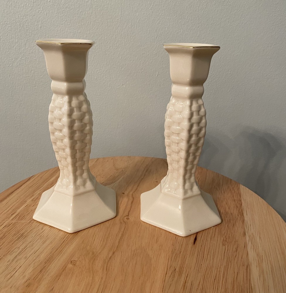 Lefton Candle Holders Basket Weave Pattern Cream Candlestick Holders