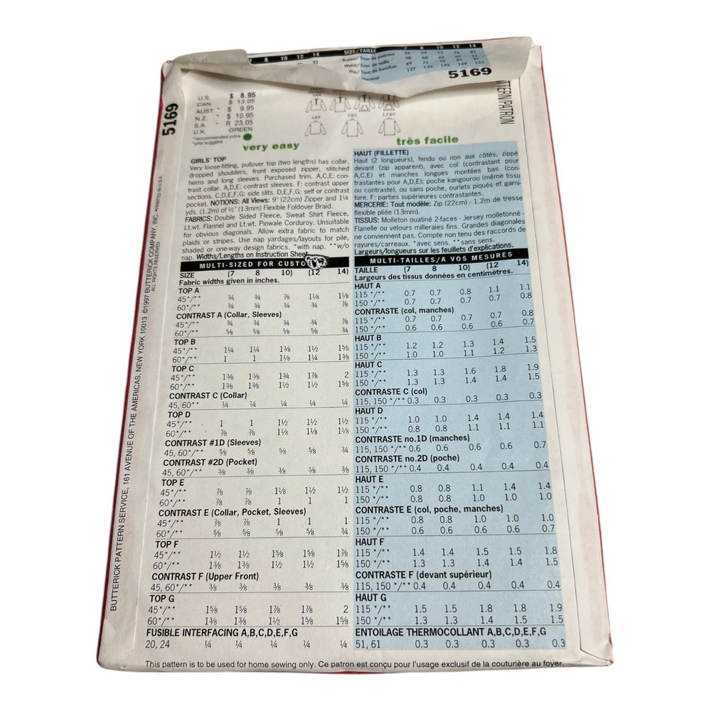 Butterick 5169 Girls Pullover Top Pattern 7–10 Uncut Fast & Easy