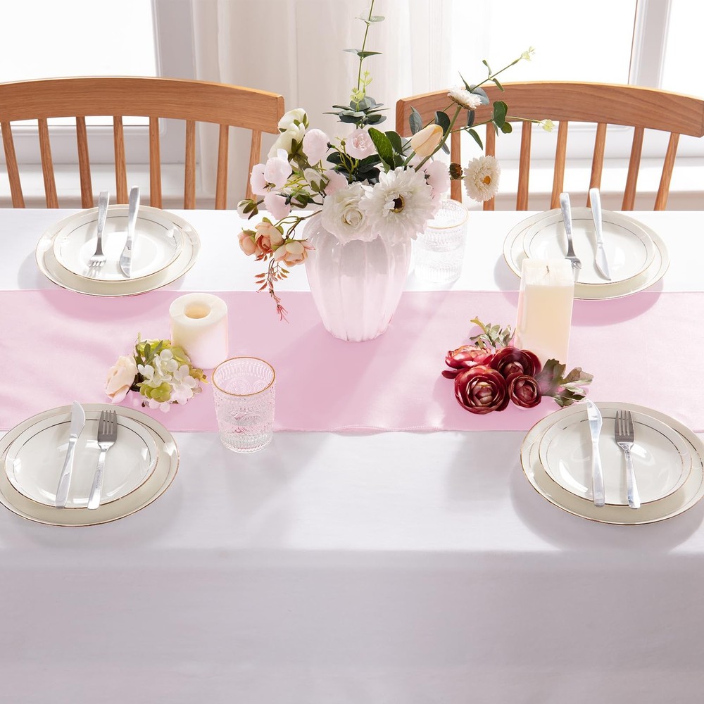 5 Pack Light Pink Satin Table Runner 12x108 Inch Bright Silk Smooth Fabric