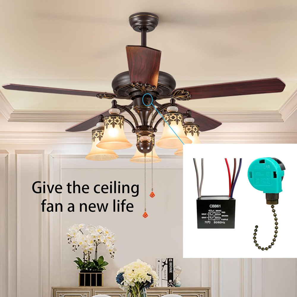 Ceiling Fan Pull Chain Switch 3 Speed 4 Wire, Ceiling Fan Capacitor CBB61 4.5uf