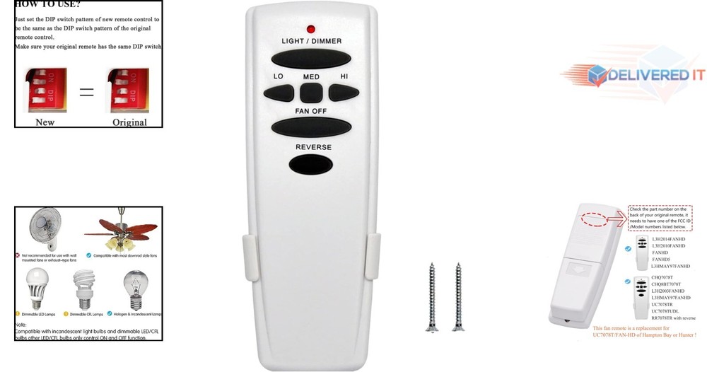 Ceiling Fan Remote Control Universal Wireless Reverse Function White 50ft Range