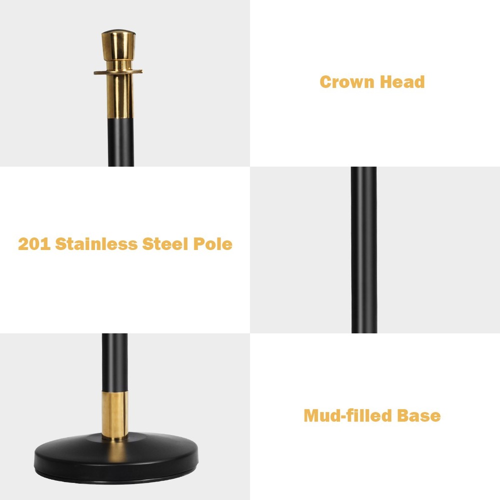 6Pcs Stanchion Posts Queue Pole Retractable 3 Velvet Ropes Crowd Control Barrier