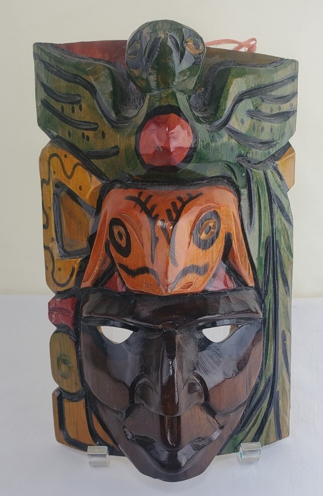Wood Hand Carved Mask Native Look Bird Goat Wall Decor