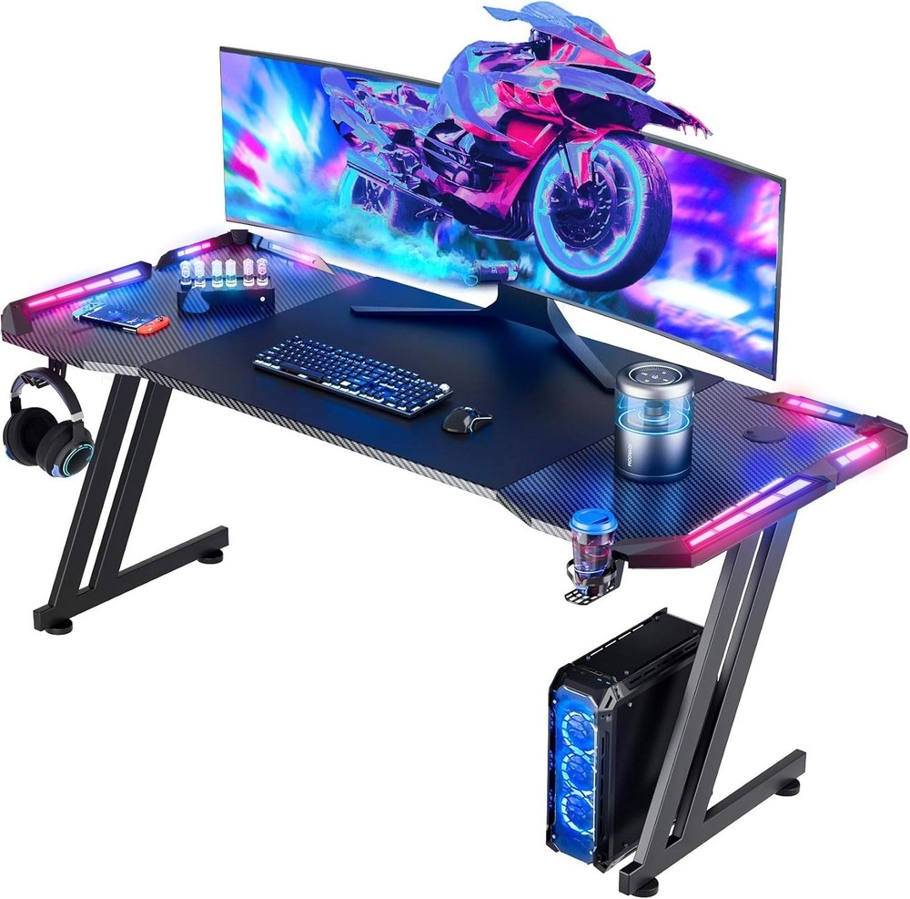 Gaming Desk with Headphone Hook & Cup Holder, LED Gaming Table, Computer Desk