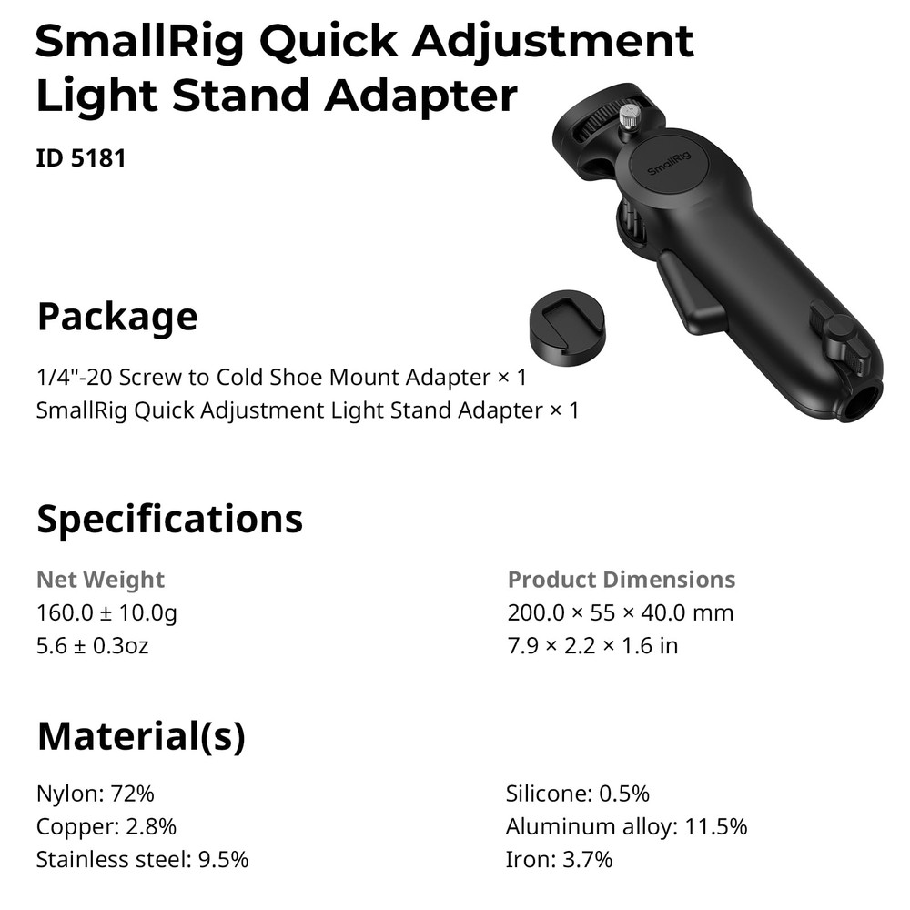 SmallRig Quick Adjustment Light Stand Adapter, One-Button 180° Pitch Black