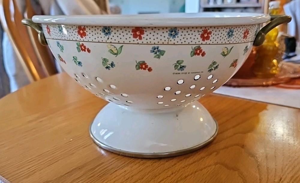 Enamel Kitchen Colander, Brass Handles, White With Red Blue Floral Pattern