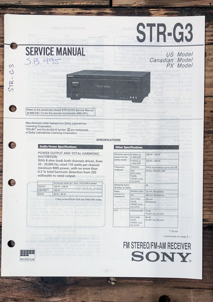 Sony STR-G3 Receiver  Service Manual *Original*