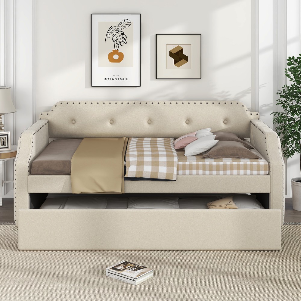 Reinforced Frame Twin Size Upholstered Daybed with Functional Trundle